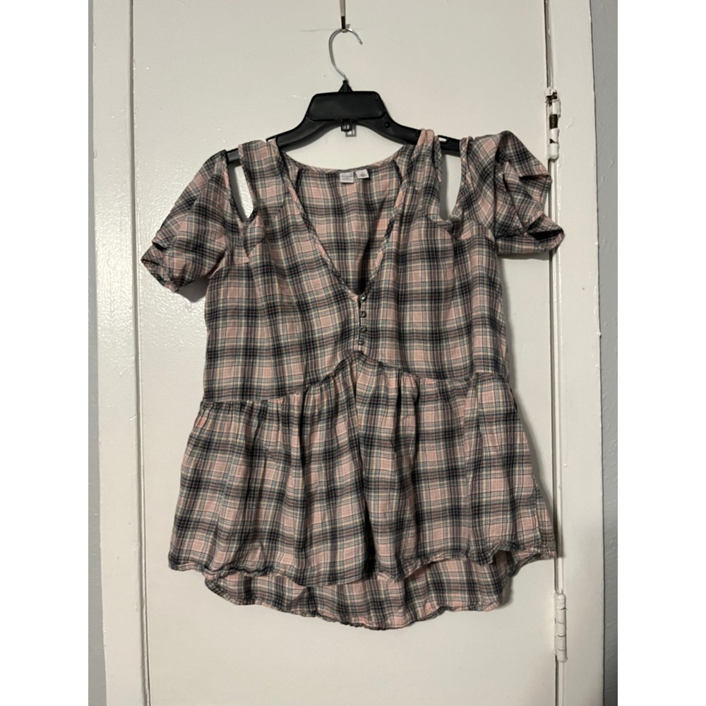 Melrose and Market Pink Plaid Cold Shoulder Peplum Top Lrg. Cotton V-Neck Blouse